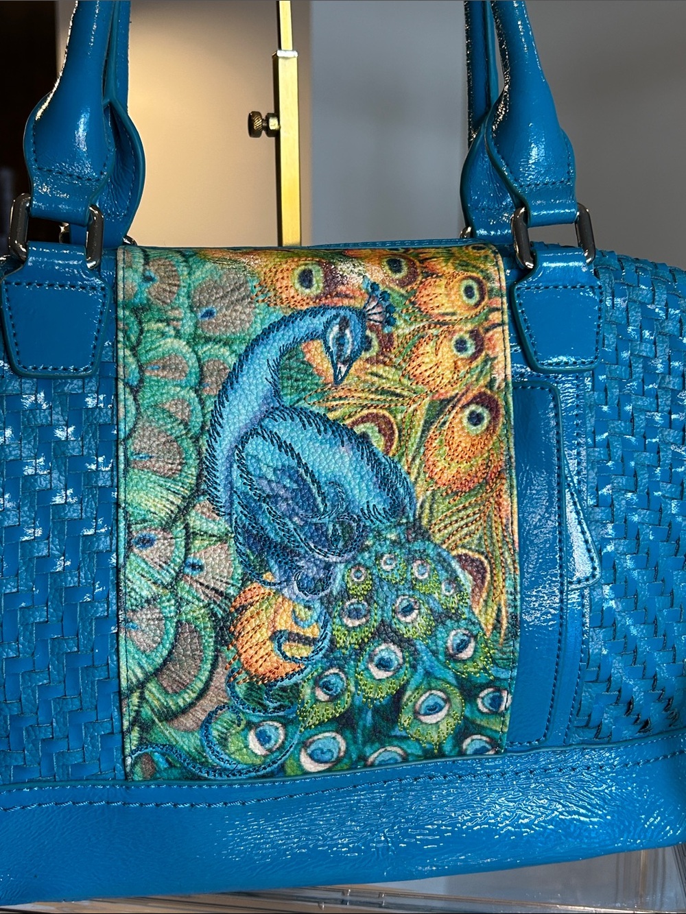 Sharif Turquoise Cross Stitch Peacock Woven Leather Satchel 14”x 4”x 10.5” EUC - Picture 4 of 8